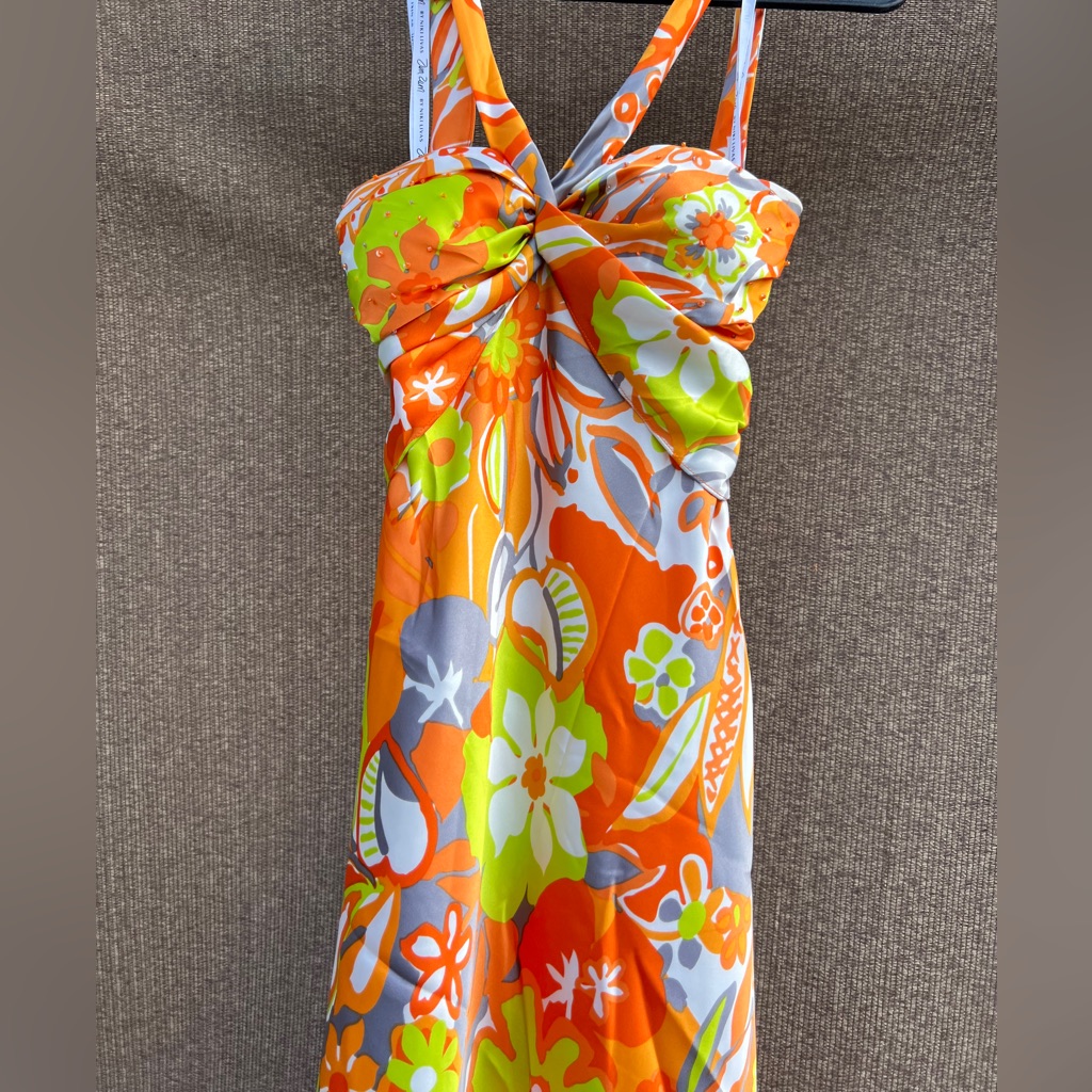 Zum Zum By Niki Livas Prom Formal Dress In An Orange, Lime Floral Pattern Sz 3/4